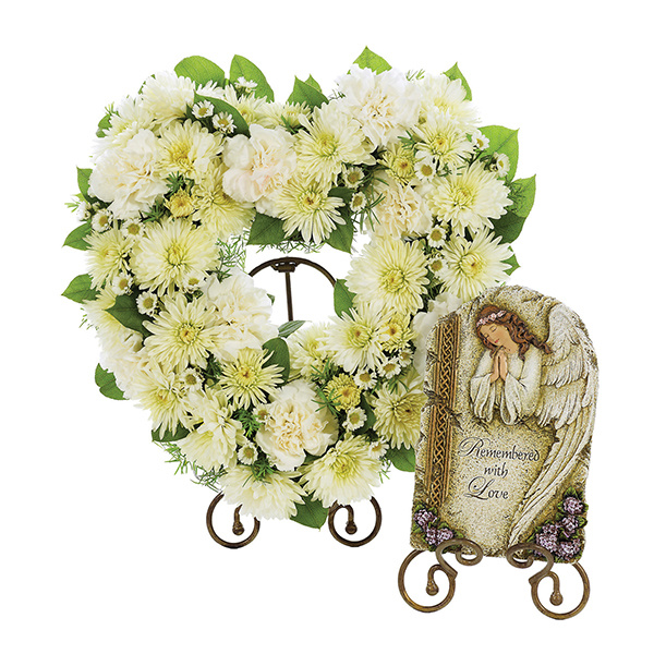 Small Open Heart Tabletop Wreath w/Remembered Plaque - All White